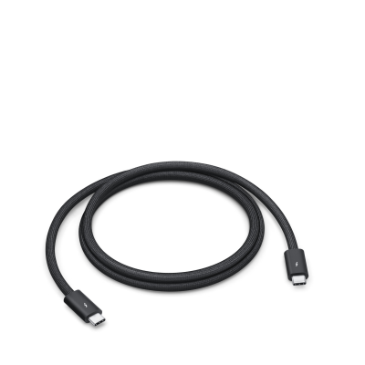 Czarny kabel Apple Thunderbolt 5 Pro o długości 1 metra z wtyczkami USB-C, zwinięty w okrąg, z widocznymi symbolami błyskawicy na obu końcówkach przewodu.