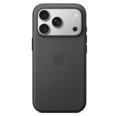 Czarne etui Apple TechWoven MagSafe do iPhone 17 Pro Max z wytłoczonym logo Apple na pleckach oraz charakterystyczną srebrną wyspą potrójnego aparatu.