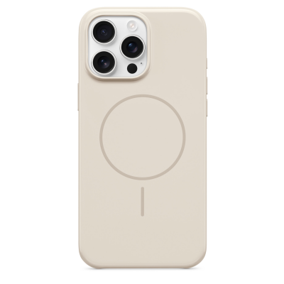 Beżowe etui Beats z obsługą MagSafe do iPhone 16 Pro Max, widok na tylną część obudowy z charakterystycznym okręgiem ładowania i potrójnym aparatem.
