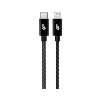 Czarny kabel TB USB-C na Lightning o długości 1m z certyfikatem MFI, prezentujący wtyki obu złączy z widocznym logo marki na czarnych obudowach wtyczek.