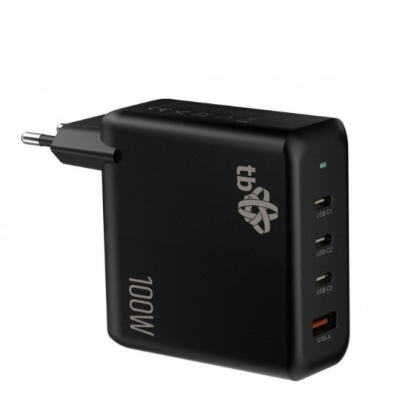 Czarna ładowarka sieciowa TB o mocy 100W z trzema portami USB-C i jednym USB-A, widoczna z profilu wraz z wtyczką europejską oraz podświetlanym wskaźnikiem.