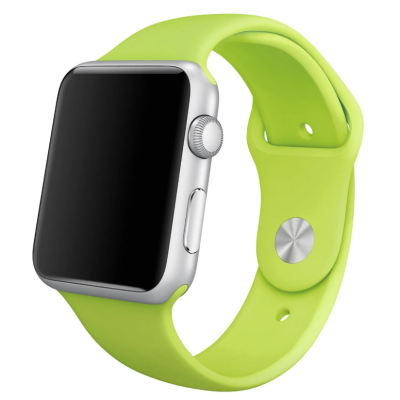 Silikonowy pasek Apple w kolorze zielonym do zegarka Apple Watch 44 mm, widoczny od strony zewnętrznej z metalowym pinem zapięcia oraz rzędem otworów.