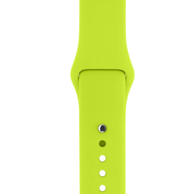 Silikonowy pasek Apple w kolorze zielonym do zegarka Apple Watch 44 mm, widoczny od strony zewnętrznej z metalowym pinem zapięcia oraz rzędem otworów.