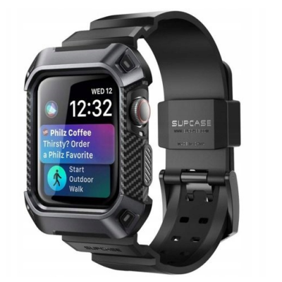 Czarny pasek Supcase Unicorn Beetle Pro do Apple Watch 38/40 mm z wytrzymałą obudową ochronną o karbonowej fakturze i widocznym interfejsem zegarka.