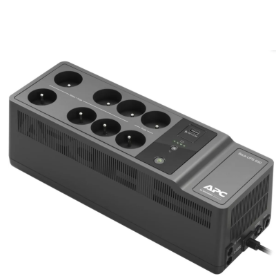 Zasilacz awaryjny UPS APC Back-UPS 650VA w czarnej obudowie z ośmioma gniazdami typu francuskiego, portem USB-A, przyciskiem zasilania i diodami stanu.