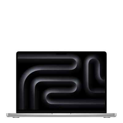 Apple MacBook Pro 14 cali w kolorze srebrnym, widok od przodu na otwartą klapę z abstrakcyjną, ciemną tapetą z motywem płynnych linii na wyświetlaczu.