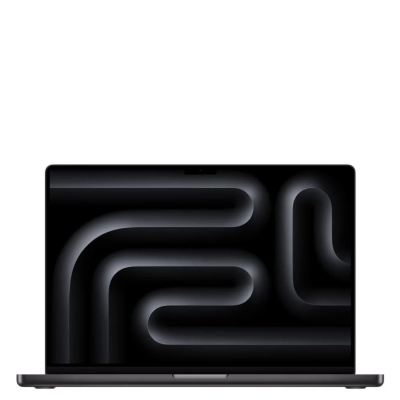 Apple MacBook Pro 16 cali w kolorze gwiezdna czerń, widok od frontu na otwarty laptop z abstrakcyjną, ciemną tapetą na ekranie o cienkich ramkach.