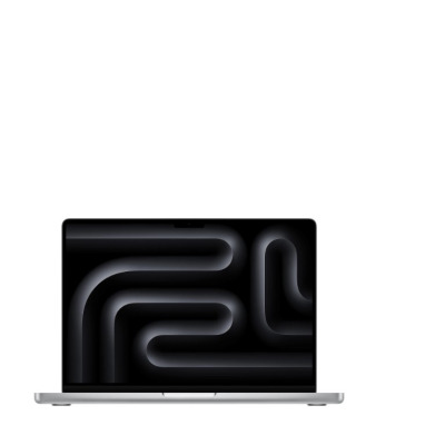 Srebrny Apple MacBook Pro 16 cali z otwartą klapą, na której wyświetla się abstrakcyjna tapeta z płynnymi, ciemnymi liniami o głębokim efekcie trójwymiarowości.
