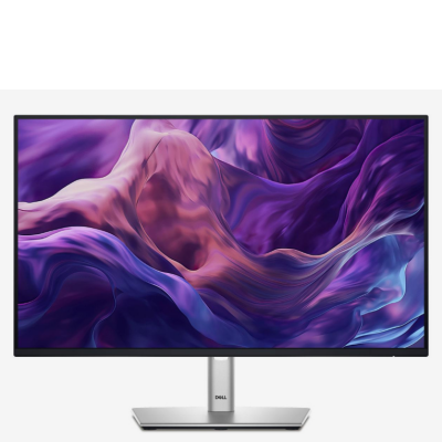 Monitor Dell P2425HE z cienkimi ramkami i wyświetlaczem prezentującym abstrakcyjną, fioletowo-różową grafikę, ustawiony na srebrnej podstawie z logo Dell.