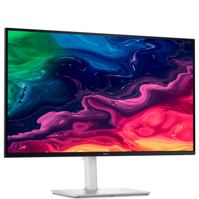 Monitor Dell S2725QC 27 cali z matrycą IPS 4K na jasnej podstawie, prezentujący kolorową, abstrakcyjną tapetę z płynnymi przejściami barw na ekranie.