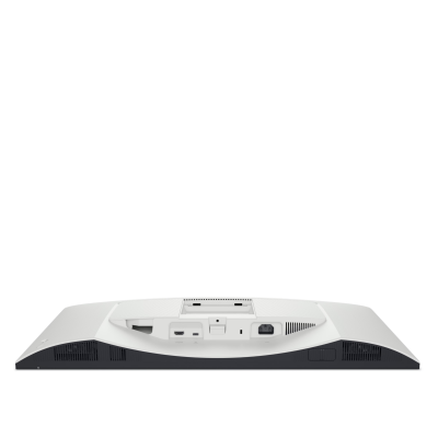 Tylny panel monitora Dell S2725QC w kolorze białym z widocznym gniazdem zasilania, portem HDMI, USB-C oraz otworami wentylacyjnymi i miejscem na uchwyt VESA.