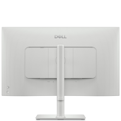 Monitor Dell S2725QC 27 cali z matrycą IPS 4K na jasnej podstawie, prezentujący kolorową, abstrakcyjną tapetę z płynnymi przejściami barw na ekranie.