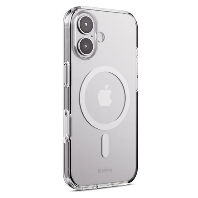 Przezroczyste etui Crong Clear MAG Cover do iPhone 17 z widocznym magnetycznym pierścieniem MagSafe na pleckach oraz wycięciem na podwójny aparat fotograficzny.