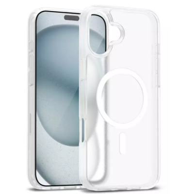 Przezroczyste etui Crong Hybrid Matte MAG Cover do iPhone 17 z widocznym pierścieniem magnetycznym MagSafe oraz wycięciem na aparat, prezentowane obok telefonu.