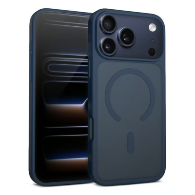 Granatowe etui Crong Hybrid Matte MAG Cover do iPhone 17 Pro Max z widocznym pierścieniem magnetycznym na pleckach oraz wycięciem na potrójny aparat.