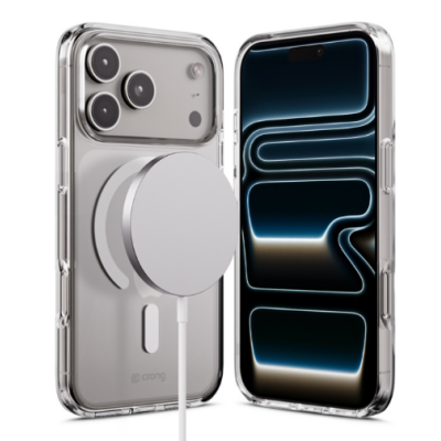 Przezroczyste etui Crong Clear MAG Cover do iPhone 17 Pro z widocznym pierścieniem magnetycznym MagSafe na pleckach oraz wycięciem na wyspę aparatów.