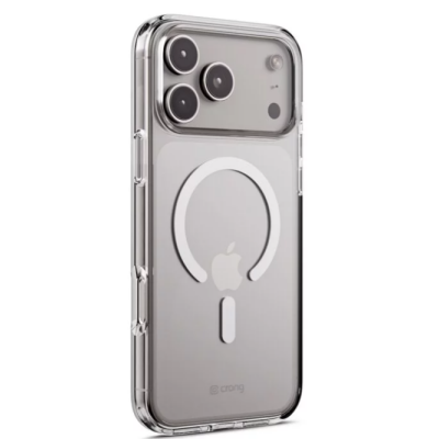 Przezroczyste etui Crong Clear MAG Cover do iPhone 17 Pro Max z widocznym magnetycznym pierścieniem MagSafe oraz charakterystyczną wyspą potrójnego aparatu.