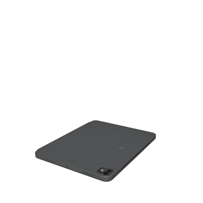 Czarne etui z klawiaturą Logitech Combo Touch do iPad Pro 13 M4, ustawione w pozycji stojącej z widocznym gładzikiem oraz kolorową tapetą na ekranie.