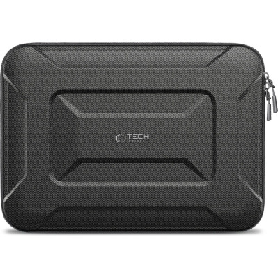 Czarne etui Tech-Protect Ranger-X Tactical do MacBook Pro 15/16 z usztywnianą fakturą, widocznym logo producenta na środku oraz podwójnym zamkiem błyskawicznym.