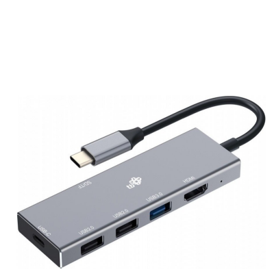 Szary hub USB-C marki TB z kablem, wyposażony w porty HDMI, USB 3.0, dwa porty USB 2.0, czytnik kart SD/TF oraz złącze USB-C, widok w perspektywie.