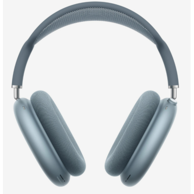 Niebieskie słuchawki bezprzewodowe Apple AirPods Max 2, widok od przodu z wyraźnie zaznaczonym pałąkiem, nausznikami z siatki oraz pokrętłem Digital Crown.