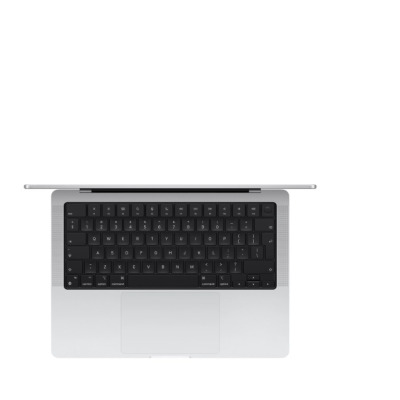 Srebrny Apple MacBook Pro 16 cali z otwartą klapą, prezentujący abstrakcyjną, ciemną tapetę z płynnymi liniami na wyświetlaczu o cienkich ramkach.