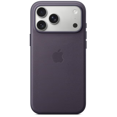 Fioletowe etui Apple TechWoven z MagSafe do iPhone 17 Pro Max, widok na plecki z wycięciem na potrójny aparat oraz wytłoczonym logo Apple na środku.