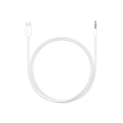 Biały kabel Apple USB-C do gniazda słuchawkowego 3,5 mm o długości 1,2 m w oplocie, zwinięty w okrąg z widocznymi końcówkami wtyków na obu końcach.