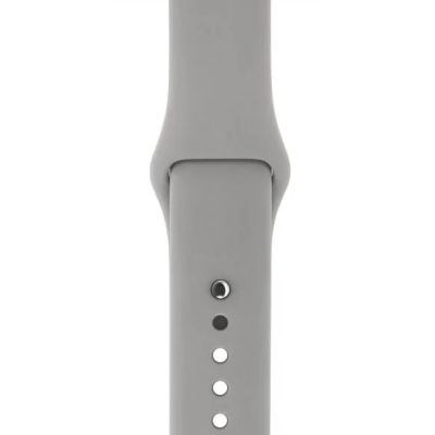 Szary silikonowy pasek Apple do zegarka Apple Watch, widok na miejsce mocowania koperty oraz rząd otworów do regulacji z metalowym trzpieniem zapięcia.