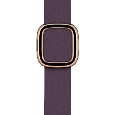 Śliwkowy pasek Apple z nowoczesną klamrą w kolorze złota do zegarka Apple Watch, widok z góry na skórzany pasek z eleganckim zapięciem w rozmiarze M.