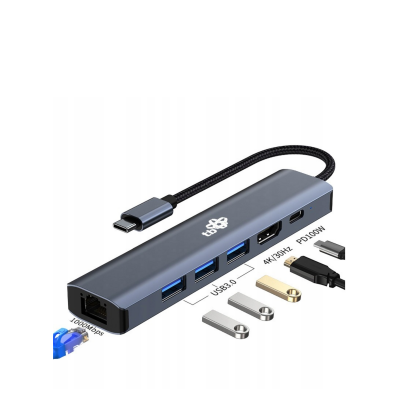 RZESZÓW Przejściówka TB USB-C HUB 6w1 - HDMI, USBx3, PD, RJ-45 AKTBXVA6W1U3HRJ
