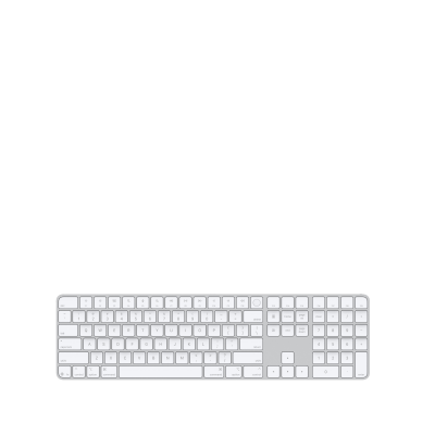 Bezprzewodowa klawiatura Apple Magic Keyboard z polem numerycznym w kolorze białym, widok z góry na układ klawiszy QWERTY oraz dedykowane przyciski funkcyjne.