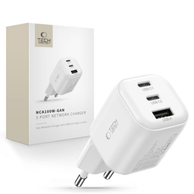 Biała ładowarka sieciowa Tech-Protect NCA100W-GAN z trzema portami USB-C i USB-A, ustawiona obok opakowania z nazwą modelu i logotypem marki na białym tle.