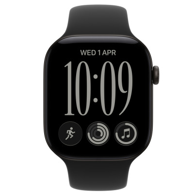 Apple Watch S12 GPS 46 mm w kolorze jasnego złota z piaskowym paskiem sportowym. Widok z boku na kopertę z cyfrową koronką i tarczę z godziną 10:09.