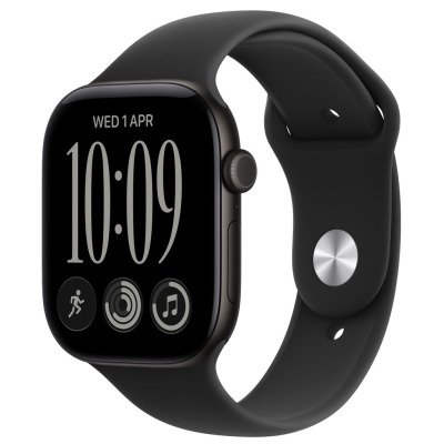 Apple Watch S12 GPS 42 mm w kolorze czarnym z czarnym paskiem sportowym. Widok z przodu na tarczę z godziną 10:09, datą 1 kwietnia oraz ikonami aplikacji.