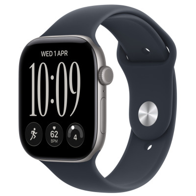 Apple Watch S12 GPS 46 mm w kolorze gwiezdnej szarości z granatowym paskiem sportowym. Widok z boku na kopertę z cyfrową koronką i tarczę z godziną 10:09.