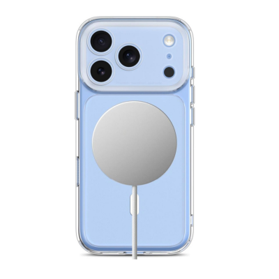 Przeźroczyste etui Tech-Protect Magpeak CC z magnetycznym pierścieniem MagSafe do iPhone 18/17 Pro Max, ukazujące wyspę aparatów oraz profil urządzenia.