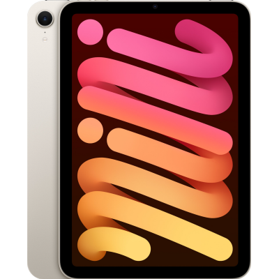 Tablet Apple iPad mini w kolorze starlight z włączonym ekranem, na którym wyświetla się abstrakcyjna, spiralna grafika w odcieniach różu, pomarańczu i żółci.