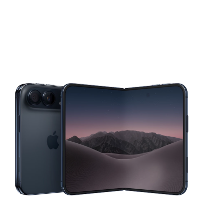Składany smartfon Apple iPhone Duo w kolorze nocne niebo, ukazany w półotwartej pozycji z widoczną wyspą aparatów na tylnej obudowie oraz górską tapetą.