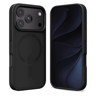 Czarne etui Crong Hybrid Mat z systemem MagSafe do iPhone 18 Pro, ukazujące tył z wyspą aparatów oraz przód telefonu z wyświetlaczem w widoku izometrycznym.