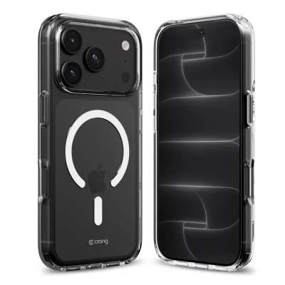 Przezroczyste etui Crong Clear MAG Cover do iPhone 18 Pro z widocznym magnetycznym pierścieniem MagSafe na pleckach oraz potrójnym aparatem fotograficznym.