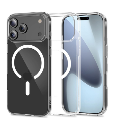 Przeźroczyste etui Tech-Protect Flexair Hybrid MagSafe do iPhone 18/17 Pro Max z widocznym pierścieniem magnetycznym, prezentowane z tyłu i z przodu.