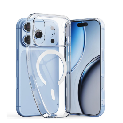 Przezroczyste etui Tech-Protect Flexair MagSafe do iPhone 18/17 Pro Max ustawione obok niebieskiego smartfona, ukazujące układ magnetyczny i wyspę aparatów.