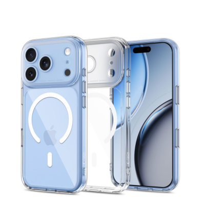Przezroczyste etui Tech-Protect Magpeak CC z magnetycznym pierścieniem MagSafe do iPhone 18 Pro Max, prezentowane w trzech ujęciach z widoczną wyspą aparatów.