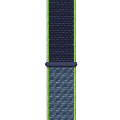 Dwukolorowa opaska sportowa Apple do zegarka Apple Watch 41 mm z neonowo-limonkowymi krawędziami, granatowym górnym segmentem i szarym dolnym z łącznikiem.