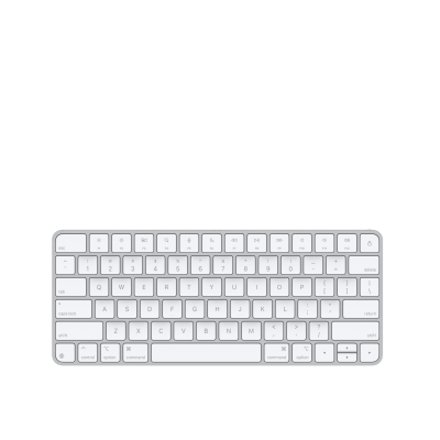 Bezprzewodowa klawiatura Apple Magic Keyboard w kolorze białym z układem klawiszy funkcyjnych, widok z góry na pełny układ QWERTY z klawiszem Touch ID.