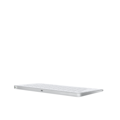 Bezprzewodowa klawiatura Apple Magic Keyboard w kolorze białym z układem klawiszy funkcyjnych, widok z góry na pełny układ QWERTY z klawiszem Touch ID.