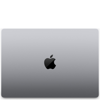 Zamknięta pokrywa laptopa Apple MacBook Pro 14 cali w kolorze gwiezdnej szarości z charakterystycznym czarnym logo nadgryzionego jabłka na środku obudowy.