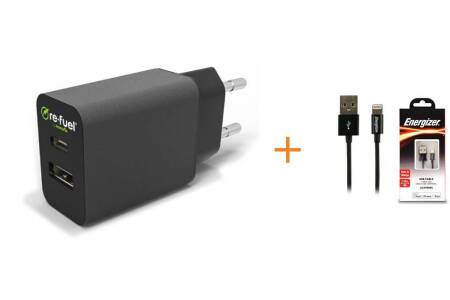 Ładowarka sieciowa USB-C/USB-A 18W + Kabel Lightning Enrgizer